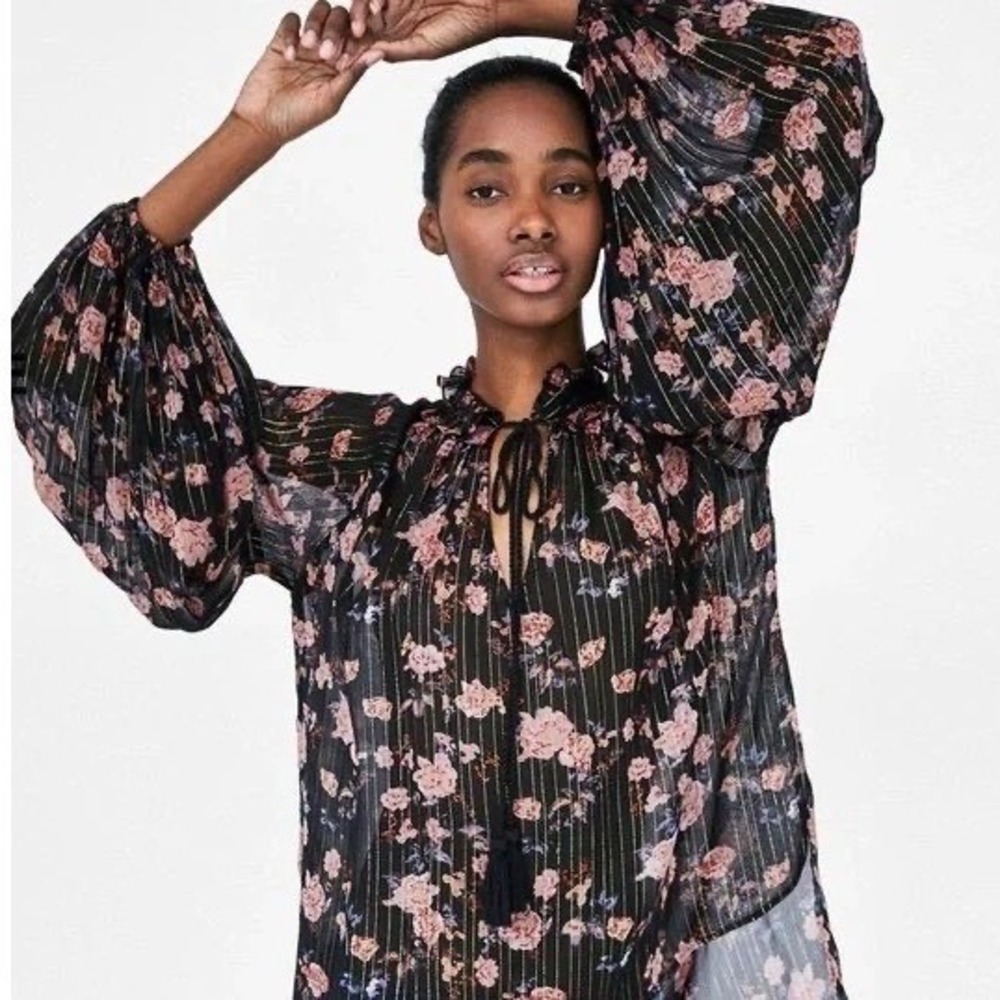 Zara S Whimsigoth Dark Fairy Black Floral Metallic Stripe Bell Sleeve Ethereal